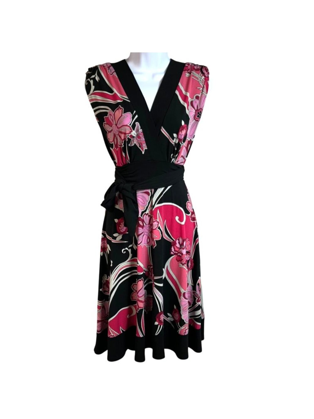Y2K Roulette Black Pink Floral Print Belted V-Neck Cocktail Dress Size Medium